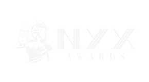 logo for the NYX awards in all white lettering next to an icon of a woman with an owl on her shoulder