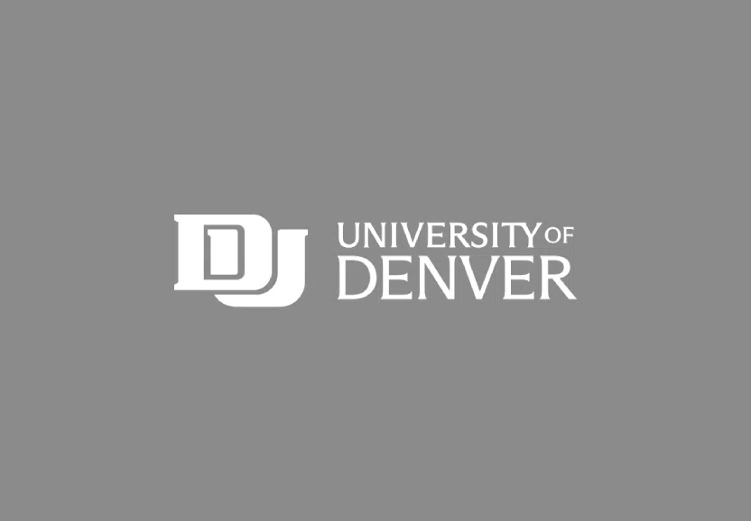 white logo on top of grey background for 'UNIVERSITY OF DENVER' in all caps next to a bolded and overlapping D-U