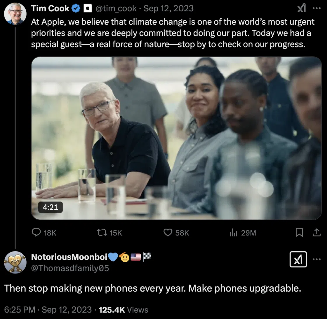 A screenshot of an Apple ad on "X" communicating their sustainability practices, with another user calling them out for greenwashing.