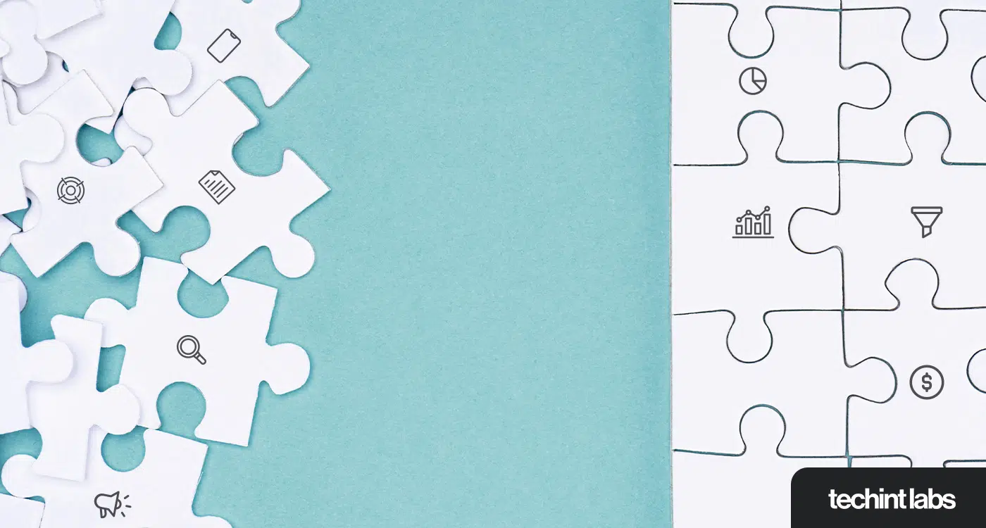 Scattered and assembled puzzle pieces with marketing analytics icons including charts, search, and funnel symbols, representing how UTM tracking myths fragment marketing data accuracy.