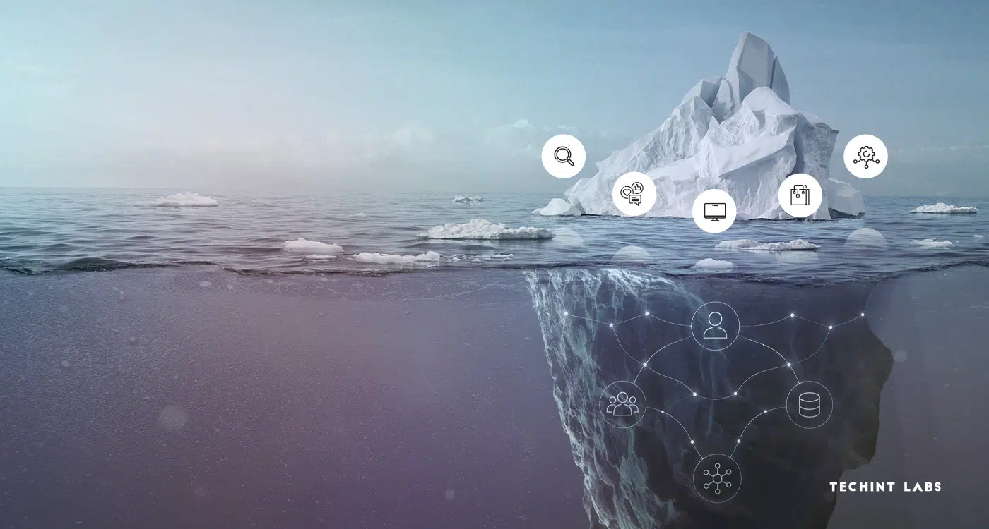 Iceberg illustration showing visible marketing icons like search and content above the waterline, with connected data and audience network icons hidden below, representing the hidden infrastructure behind audience growth.
