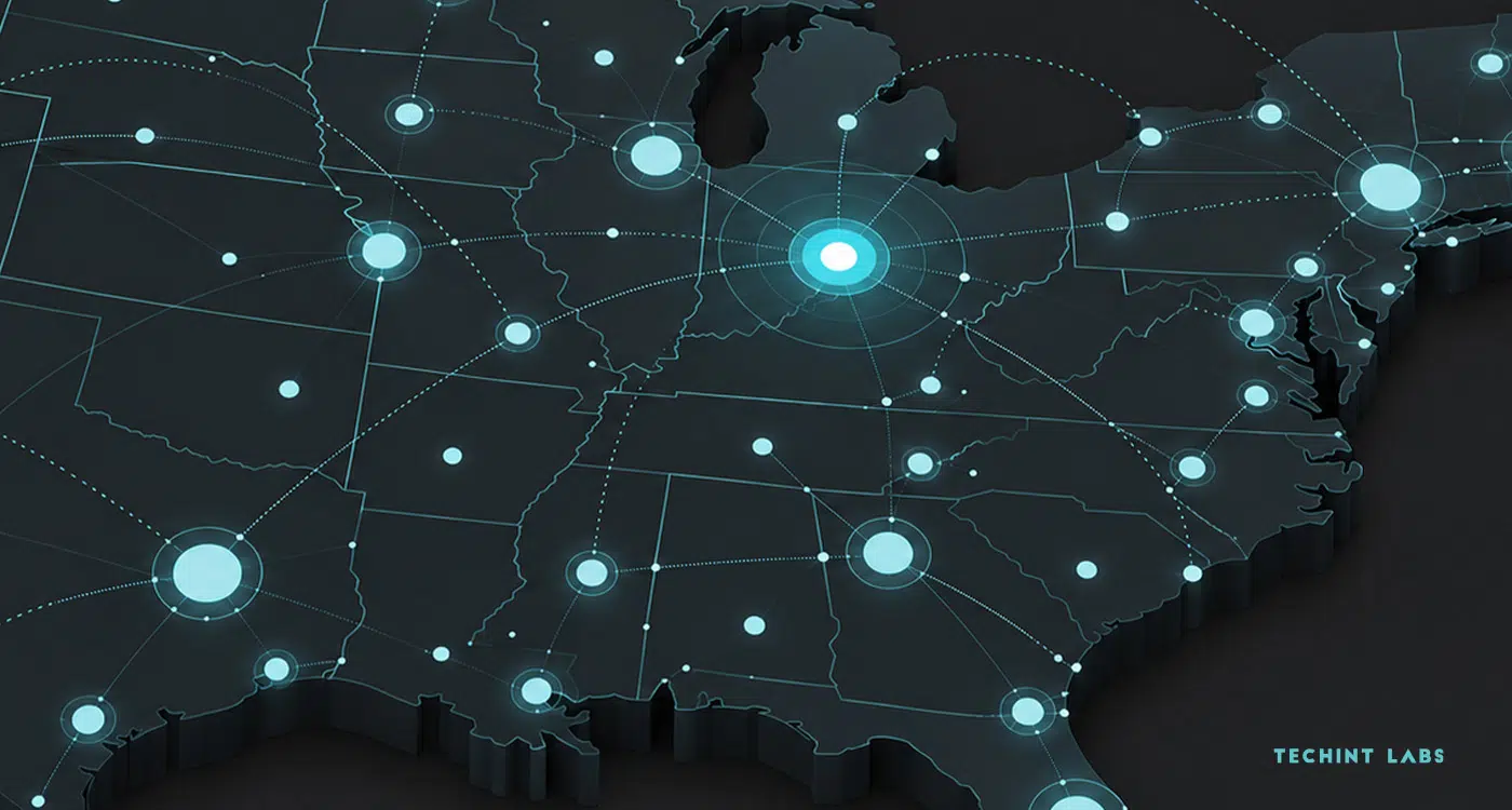 Dark 3D map of the central and eastern United States with glowing teal nodes connected by dotted lines, centered on a bright hub in the Midwest, with the Techint Labs logo in the lower right